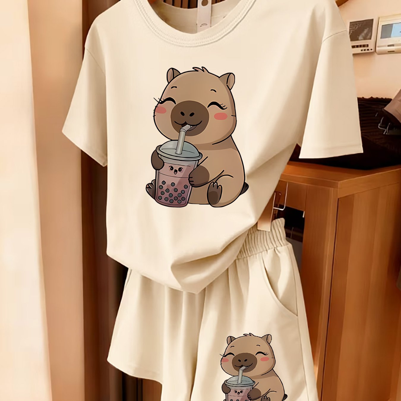 TEMU Completo pezzi da estate con maglietta a maniche corte e pantaloncini coordinati - Pigiama con stampa capibara, abbigliamento da palestra e da ,