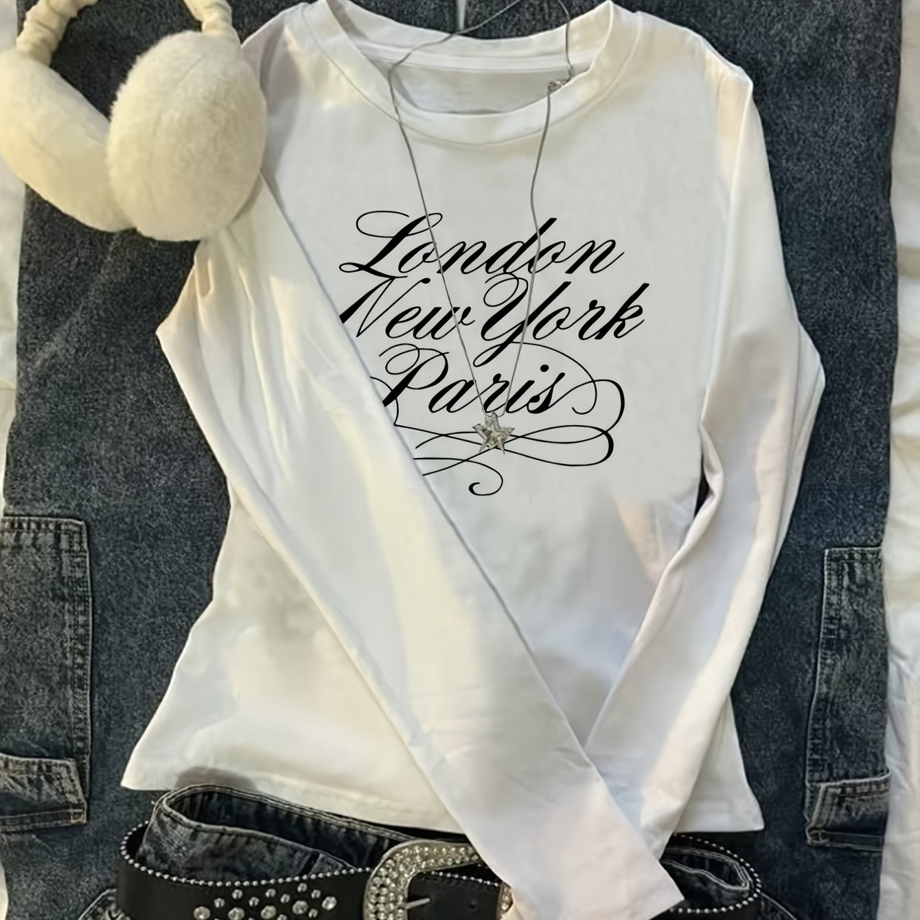 2089 - One-piece Women's Slim- Long Sleeve Casual English Letter Print Simple T-shirt, Spring/autumn New Inner/outer Wear Versatile Top - Wzh1141