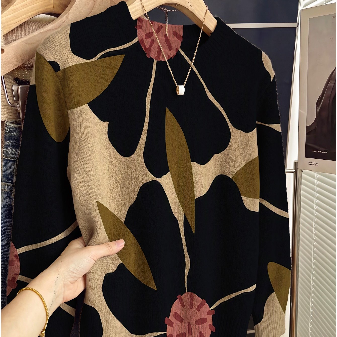 TEMU Pull Imprimé Femme Automne Hiver Col Rond Tendance Moulant Élégant Style Toutes Nouveau Haut [Erreur de Taille 2-3CM] [Article est un Design