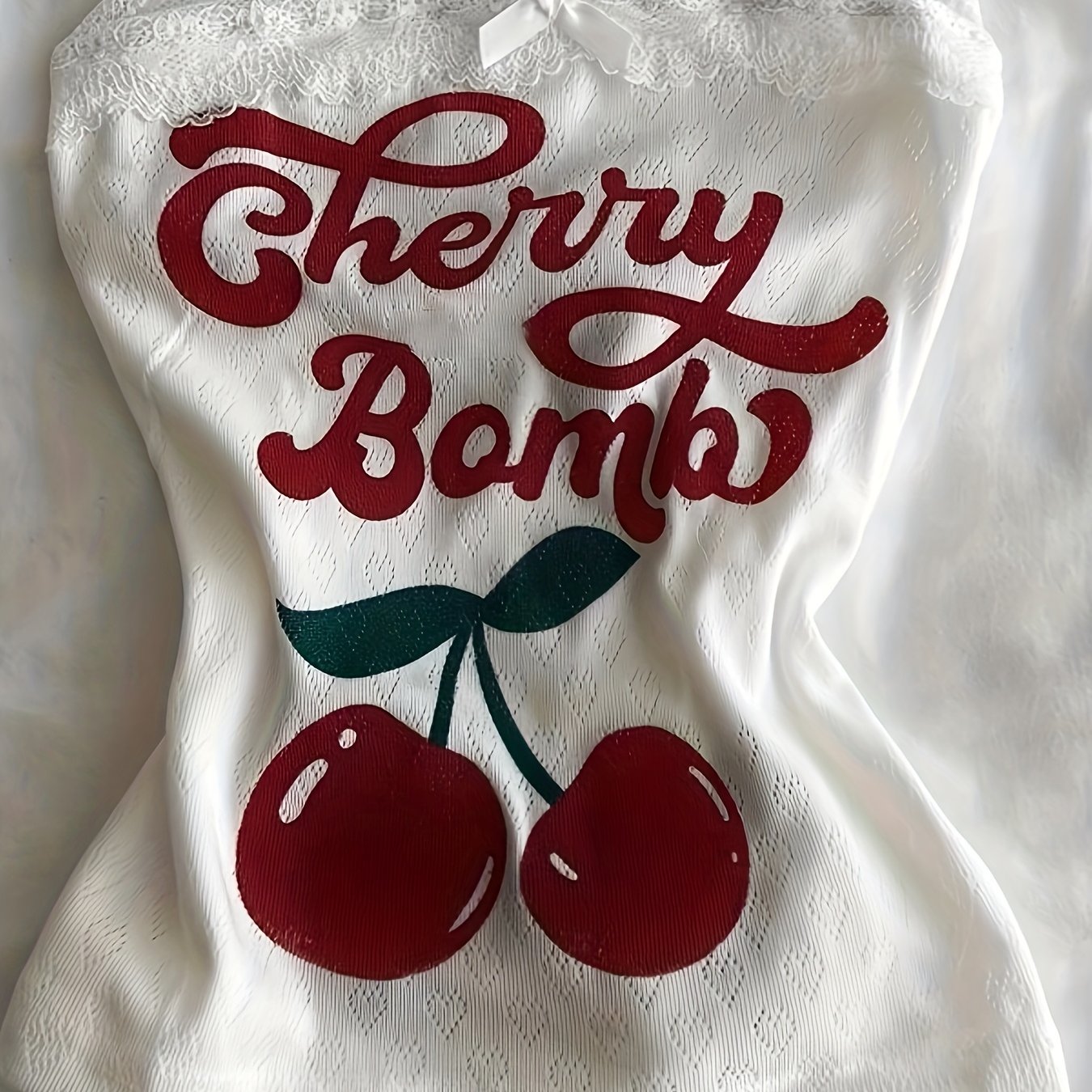 Textured Fabric Letter Cherry Print Lace Strapless Top Camisole Jy0416039