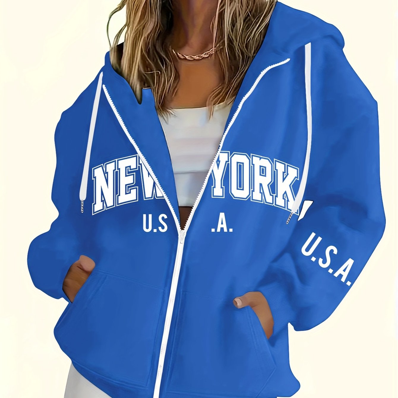 TEMU Style Women's Sweatshirt With Letter Print, Casual Zip-up Hoodie In Loose Fit, Suitable For Autumn & Winter Wear