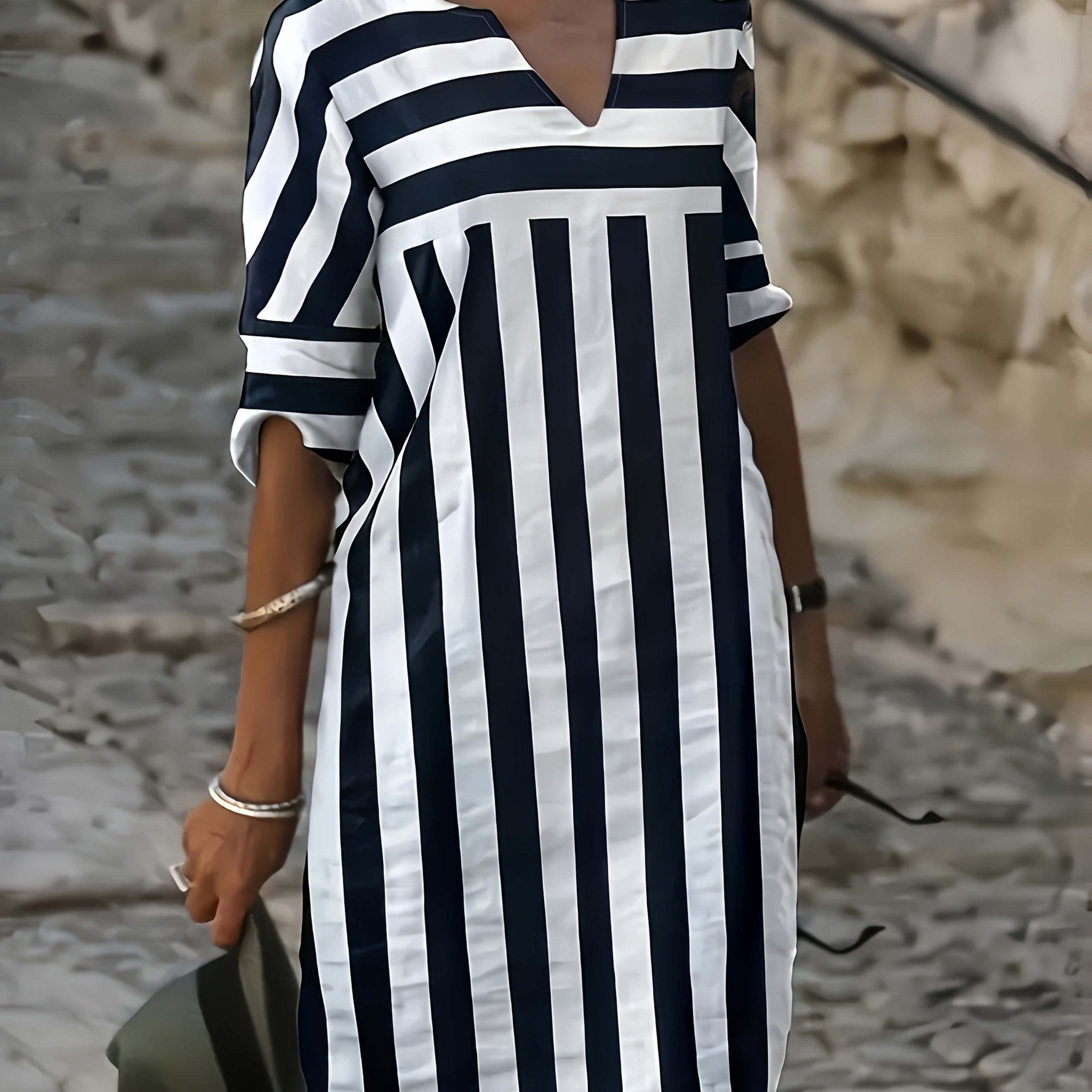 Women's Loose Fit Casual Three-quarter Sleeve V-neck Holiday Vintage Style Dress, Spring/summer Dress, Women's Clothing