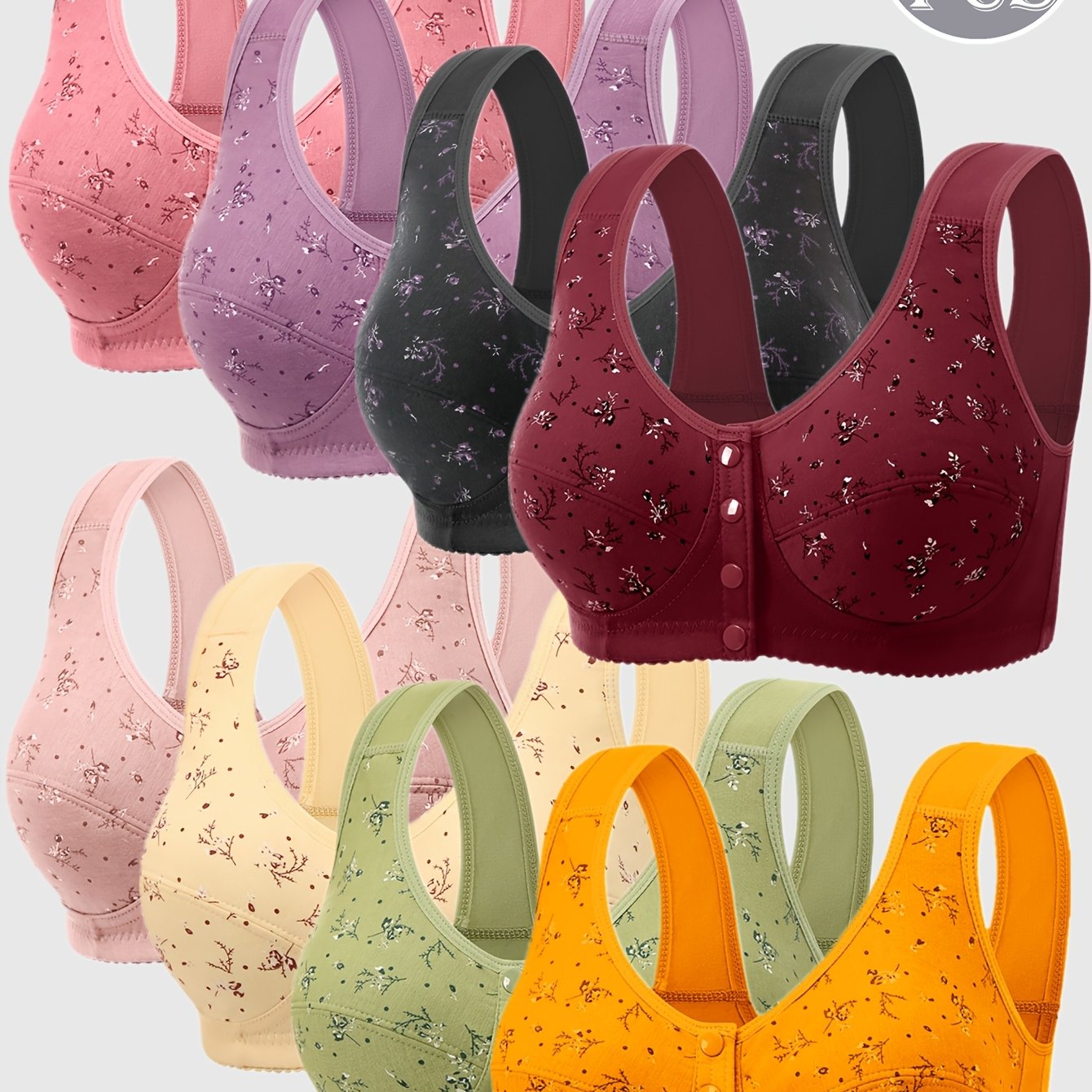 Artikelbild 8 stück frontverschluss westen-stil bedruckte bequeme atmungsaktive damenunterwäsche, drahtloser stretch eleganter sport-bh mit feuchtigkeitsableitung für   im mittleren höheren alter