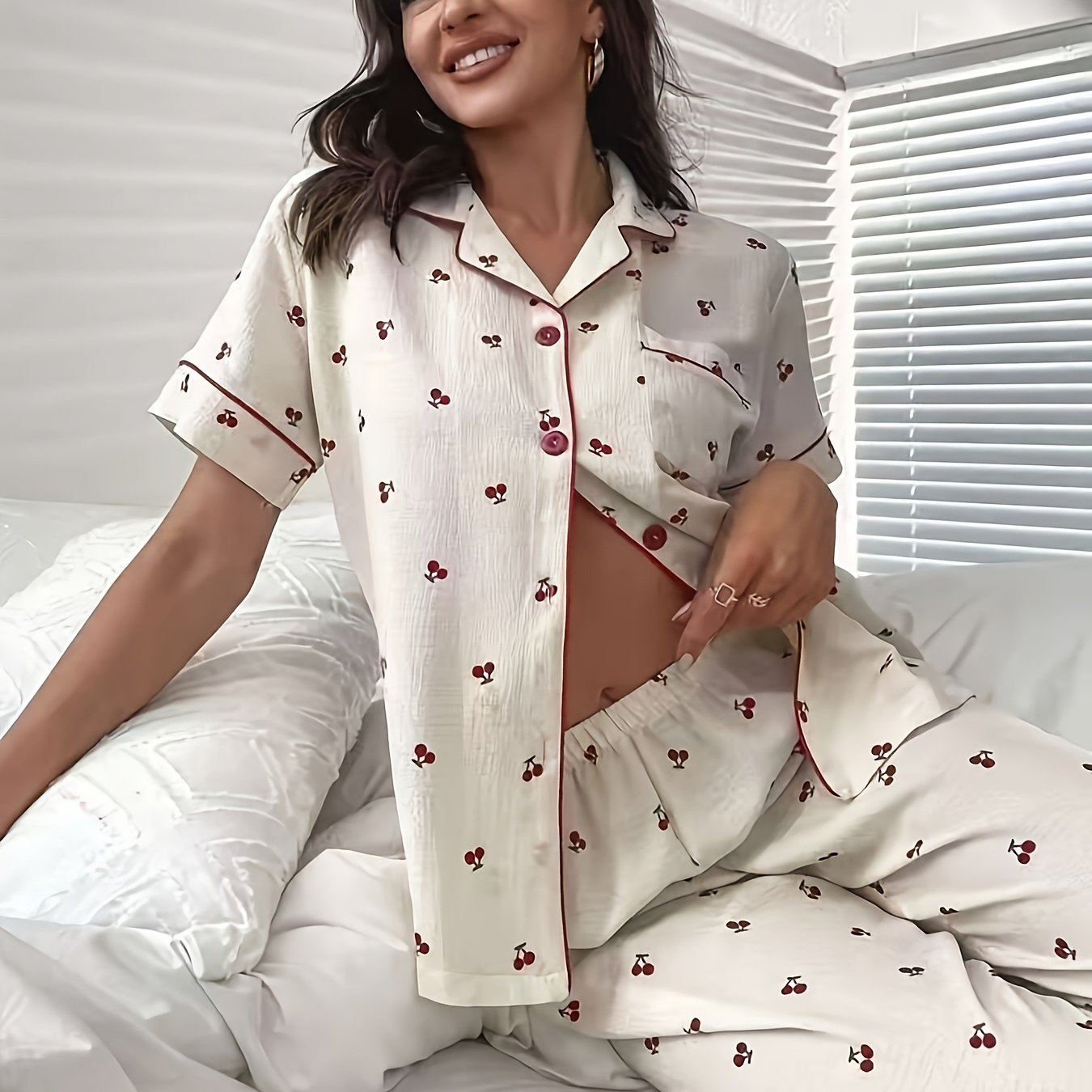 TEMU Ensemble de pyjama pour femmes avec col imprimé cerises, manches courtes et pantalon long
