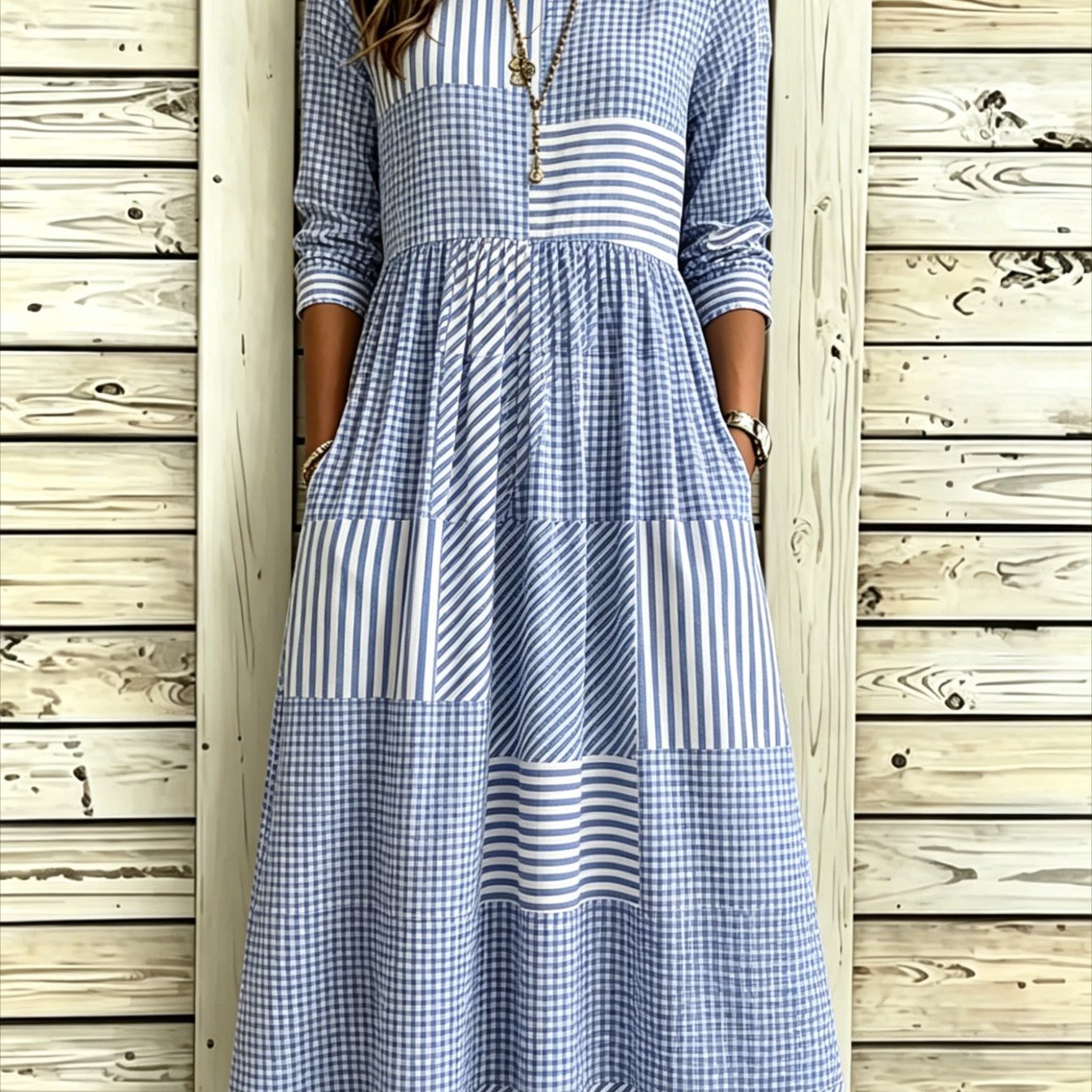 Women's Color- Print Round-neck Pocket Casual Midi Dress