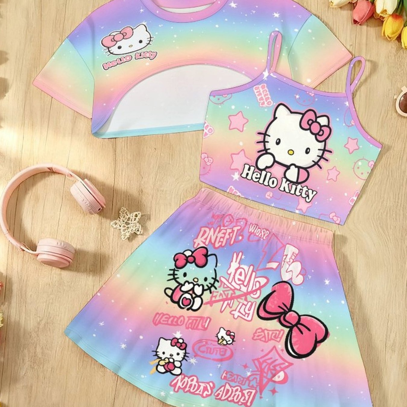 Girls' Coat+strap+short Skirt 3pcs Set - Digital Printed And Kuromi Cinnamoroll Pattern Printed Casual Fashion Dressing, Perfect For Outdoor