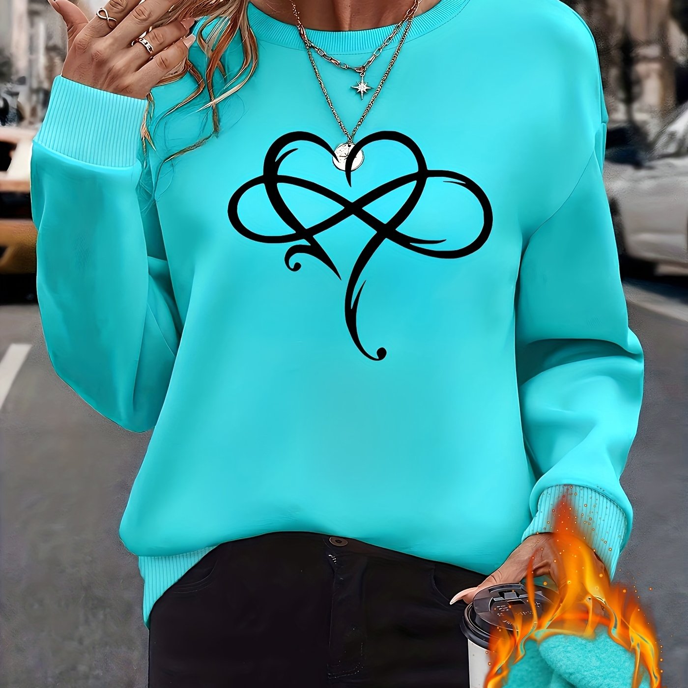 E-shop Liebevolles, kreatives Muster Langarm Rundhals Fleece Sweatshirt Damenmode