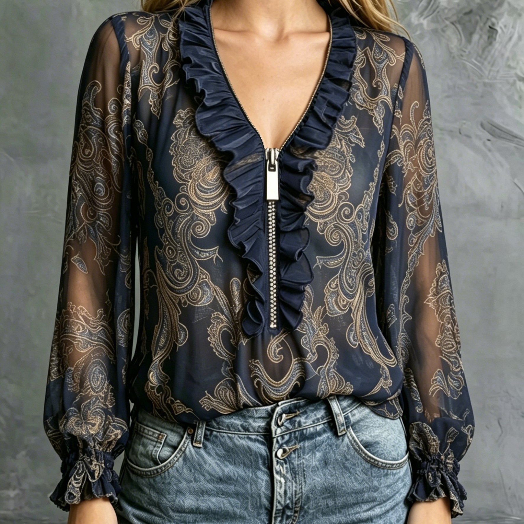 TEMU Navy Paisley Pattern Ruffle Hem Zipper Chiffon Shirt, Elegant Special Edition