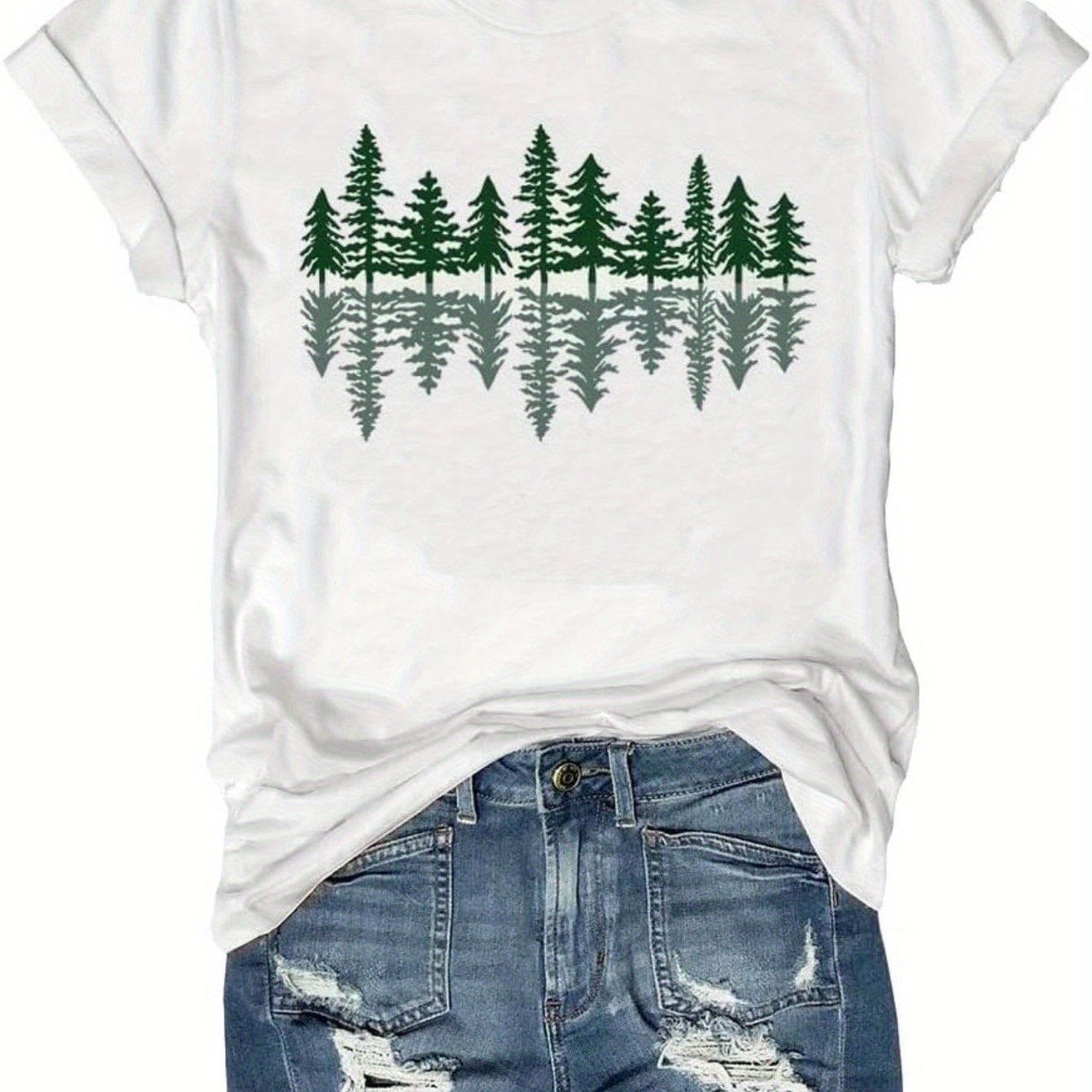 TEMU 180g 1pc Women's Bohemian Floral Tee - Vintage Pine , Casual Short Sleeve Top, White With Green Plant Print, Comfortable Everyday Wear, Women's