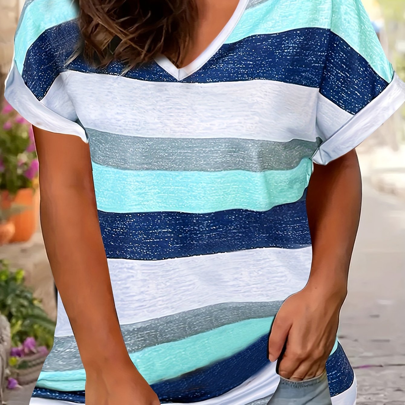 Plus Size, -neck Loose Striped T-shirt For Women Spring/summer