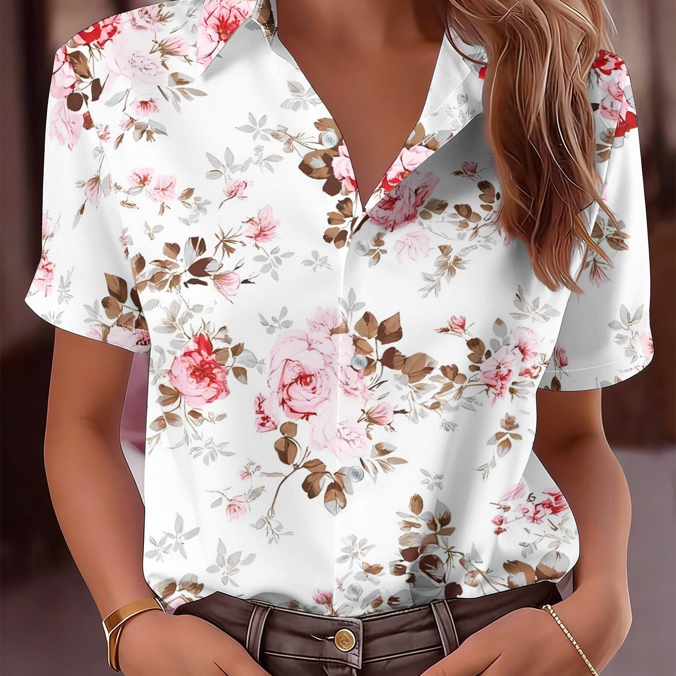TEMU 2026 New Women's Short-sleeve Shirt, Fresh And Print Top, Sweet And Elegant Versatile Blouse For Daily Commuting And Casual Wear, Machine