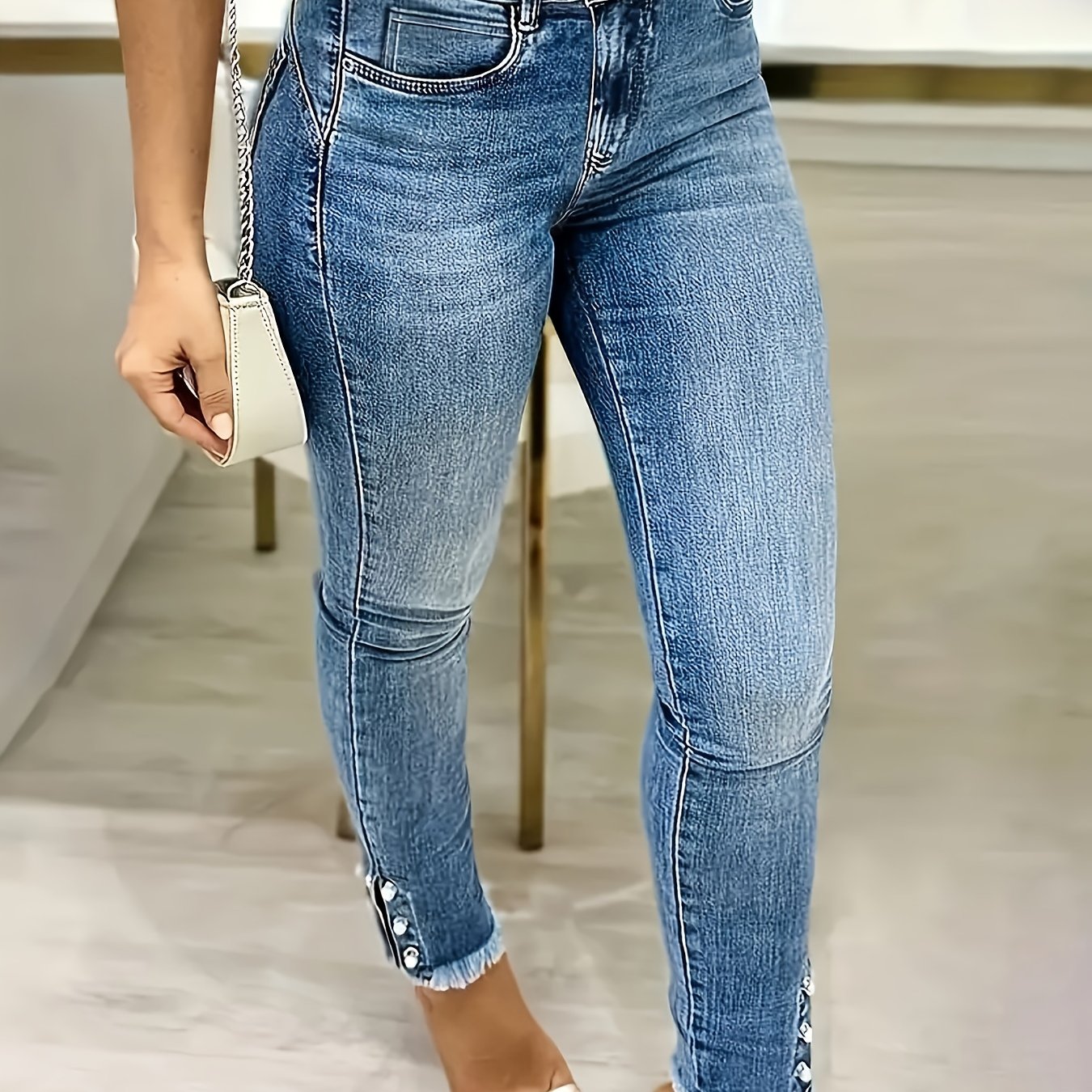 TEMU 1pc Women's Skinny Jeans With Nail-head Ankle Decorations - Elegant Washed, Non-shear Ankle For All- Wear, Hand Washable Tight For Casual/office/dressy Outfits (no ) - Essential