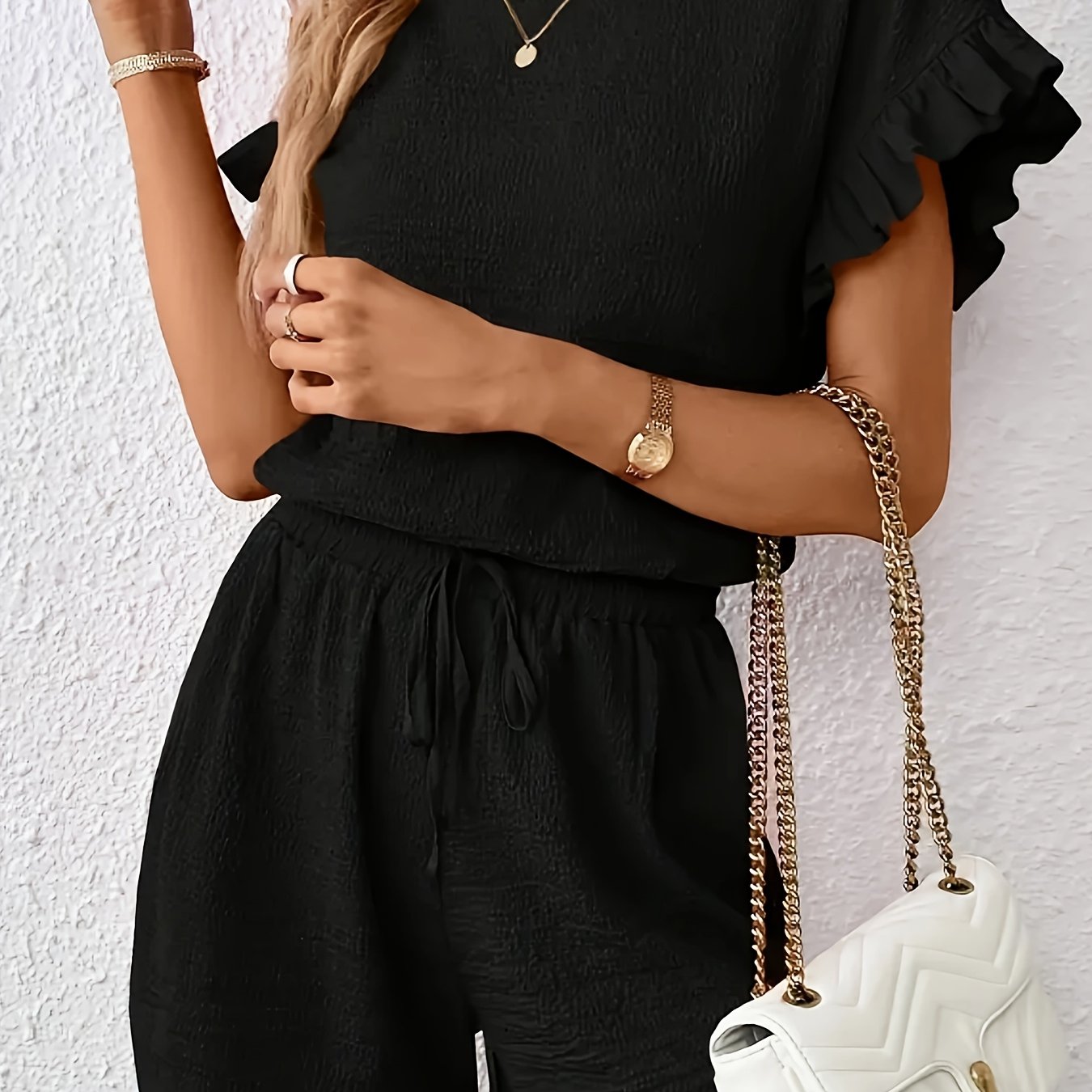 TEMU Women Texture Ruffle Trim Decorated Short-sleeved Top And Shorts Summer Casual 2pcs Set