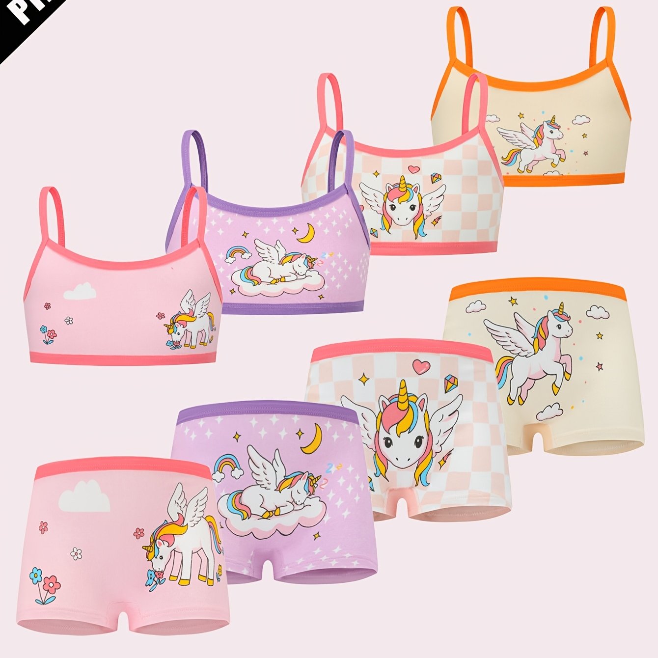 Image of 8pcs Girls' Tank Top And Underwear Set With Cartoon Flying Unicorn Print, Stretchy And Breathable Girls' Underwear Set