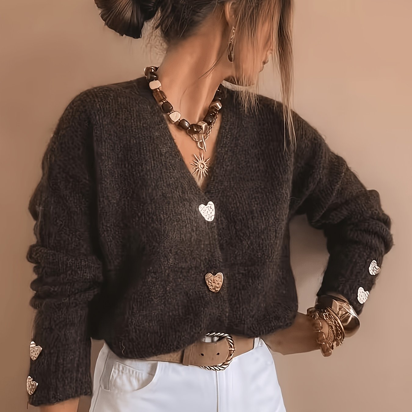 TEMU Women' Elegant V-neck Cardigan Sweater - Solid Color Button-front Closure, Medium Stretch Suitable For Fall/winter, Collar Cardigan For,