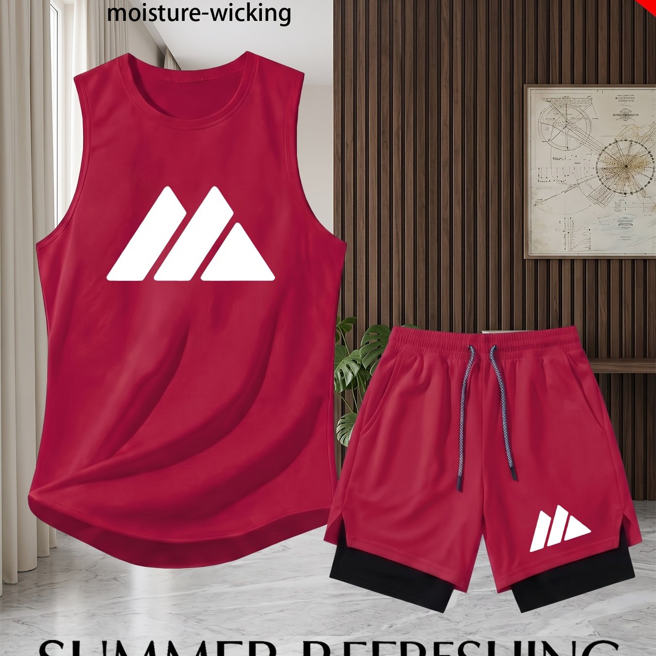 TEMU Conjunto de camiseta sin y pantalón corto de capa de secado rápido para hombre | Diseño estampado, de secado rápido y transpirable + elástico y