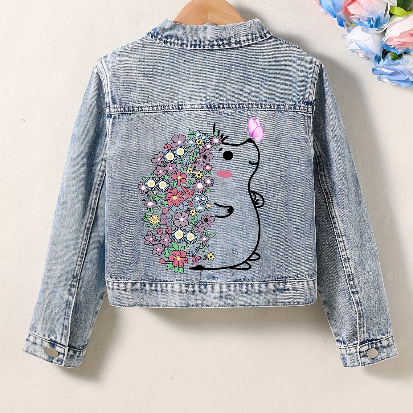 Image of ' Jeans Directional Development Denim Jacket Back Hedgehog Print Snowflake Craft Short Button- Coat Spring Autumn Style