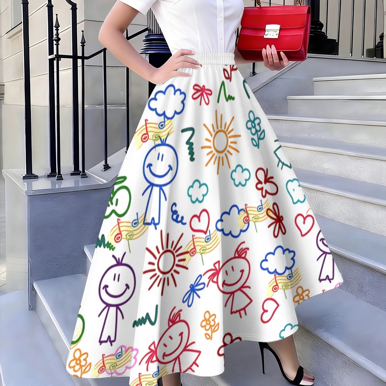 TEMU Women's Cute Cartoon Doodle Easy Sketch Sun Heart Flower Print Elastic High-waist A-line Flared Flowy Long Dress, Elegant Temperament Mid-length