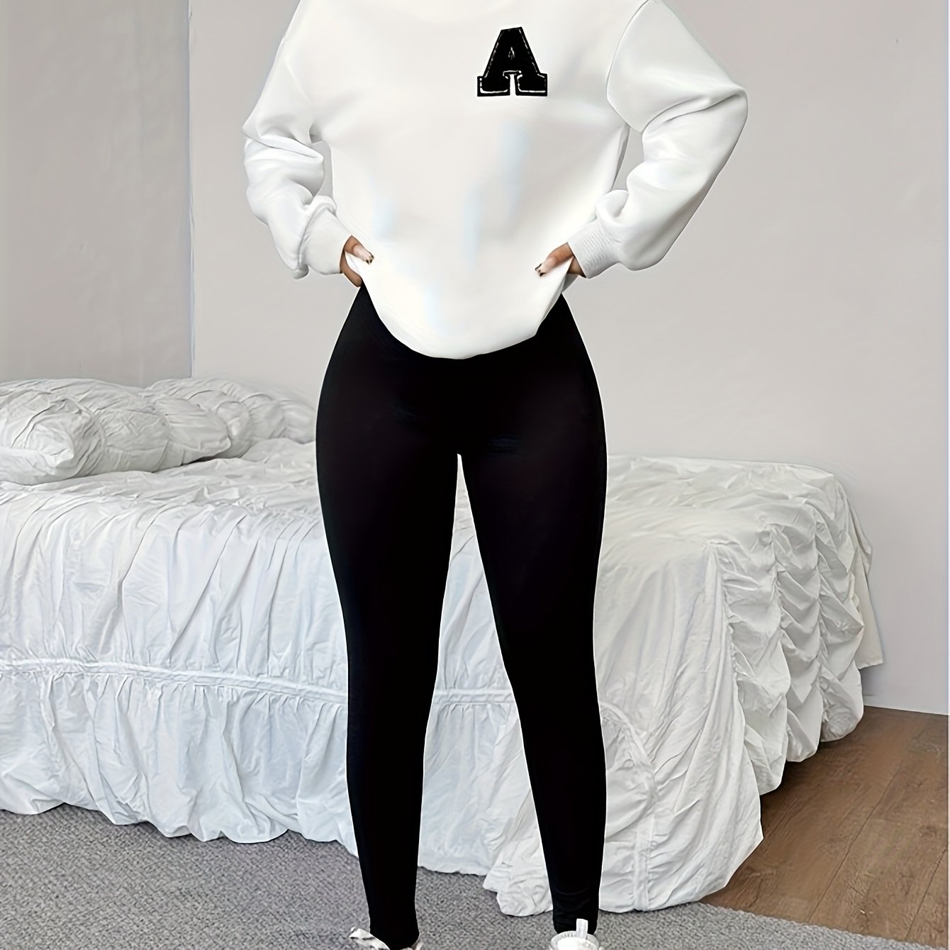 TEMU 0908 Wild Mugwort, 1 Set Of Casual Women's Sweatshirt Suit 2pcs Set, Letter Print, Round Neck Long-sleeved Sweatshirt, Long Leggings, Worn Alone
