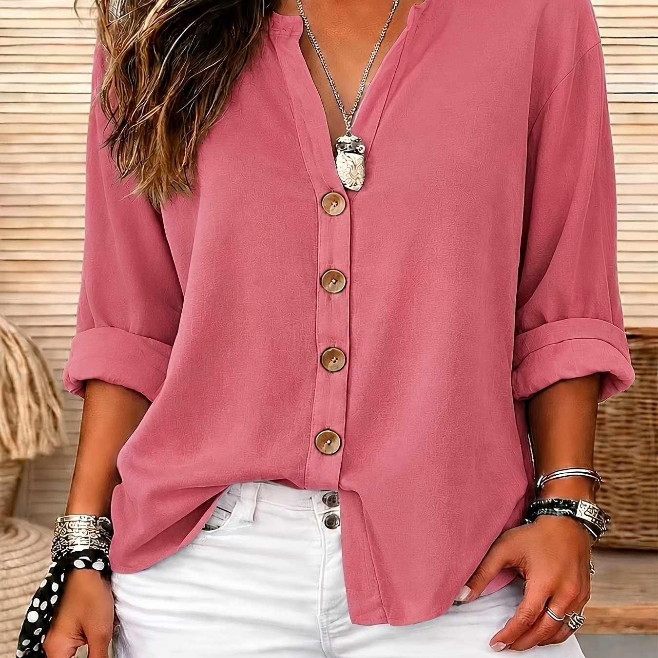 TEMU Solid Color Shirt, Round Neck Button-up, Loose Fit, Casual Wear, Spring Summer Women's Shirt