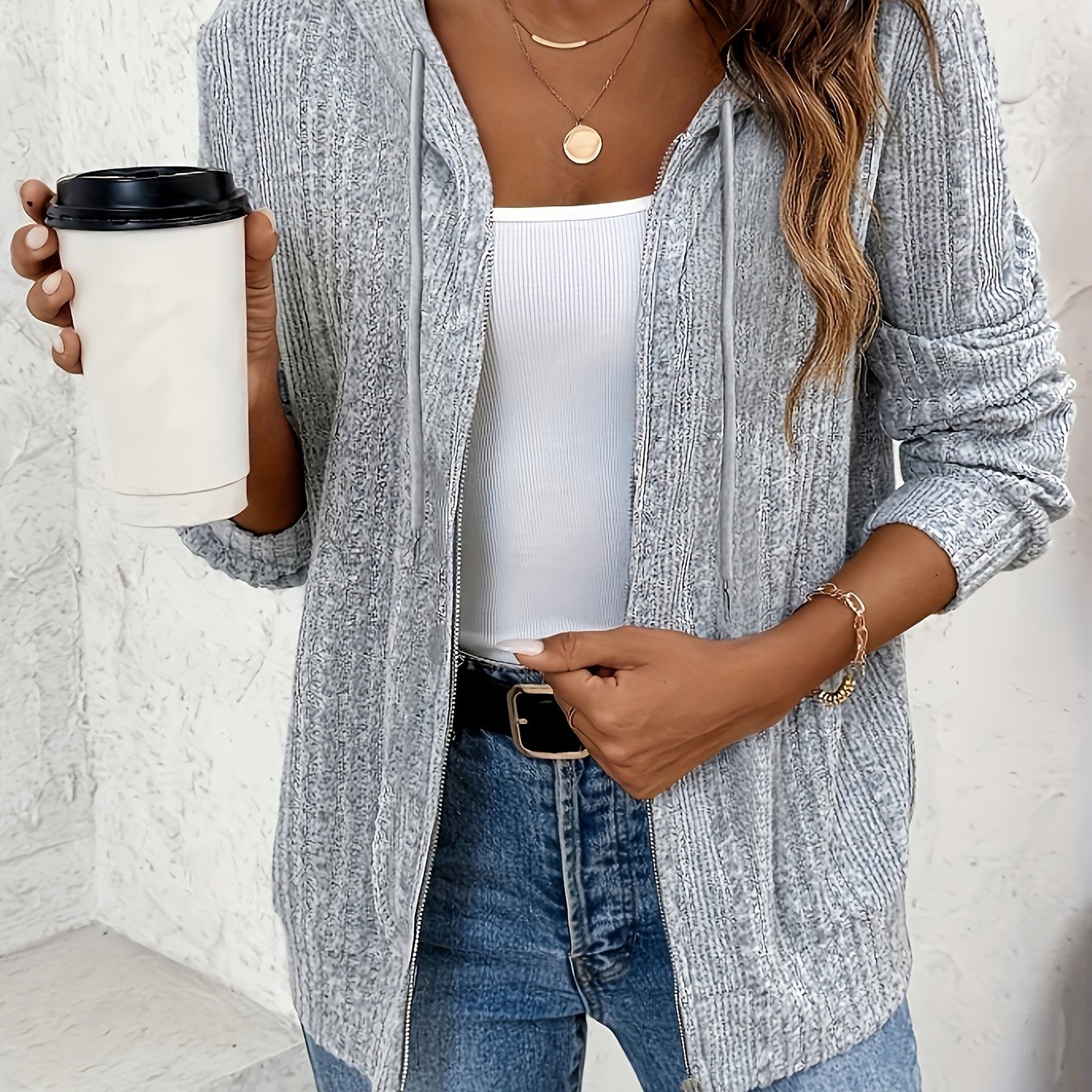 Irregular Rib Hooded Jacket, Zipper Drawstring Casual Jacket