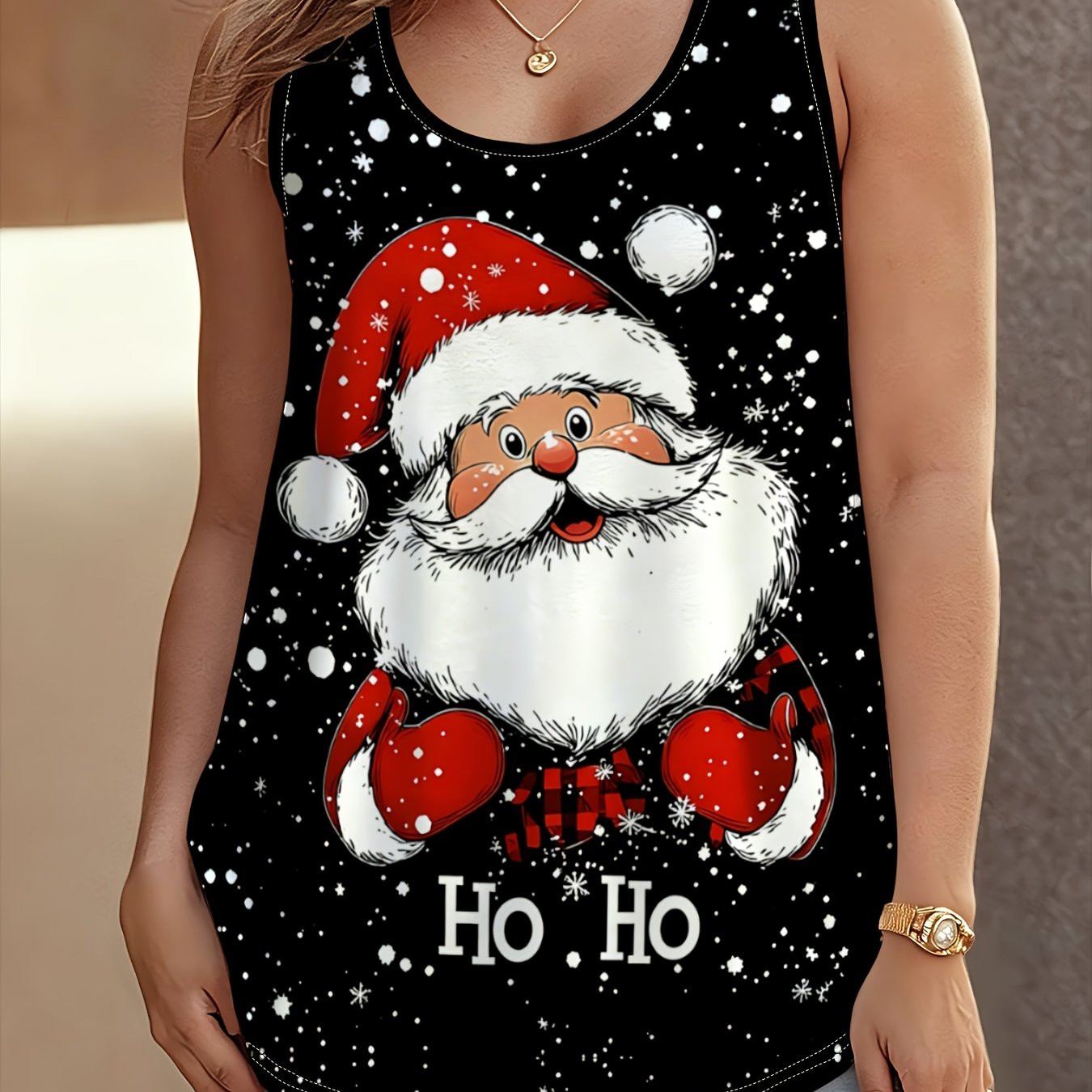 TEMU Christmas Santa Claus Pattern Women's Plus Size Vest, Trendy Sleeveless Loose , Snowflake Print Holiday Casual Women's Blouse