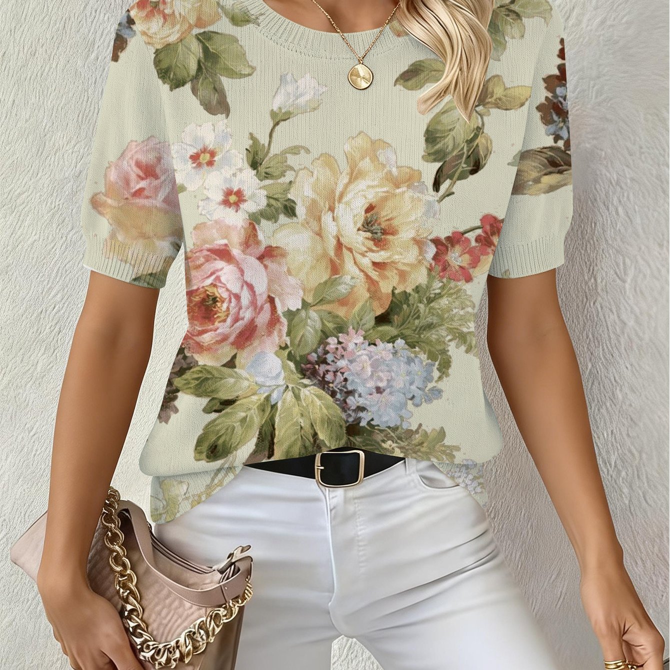 TEMU New Women's Elegant Circle Round Neck Short Sleeve Sweater, Breathable Loose Casual Printed Texture-free, Wear Festive Atmosphere