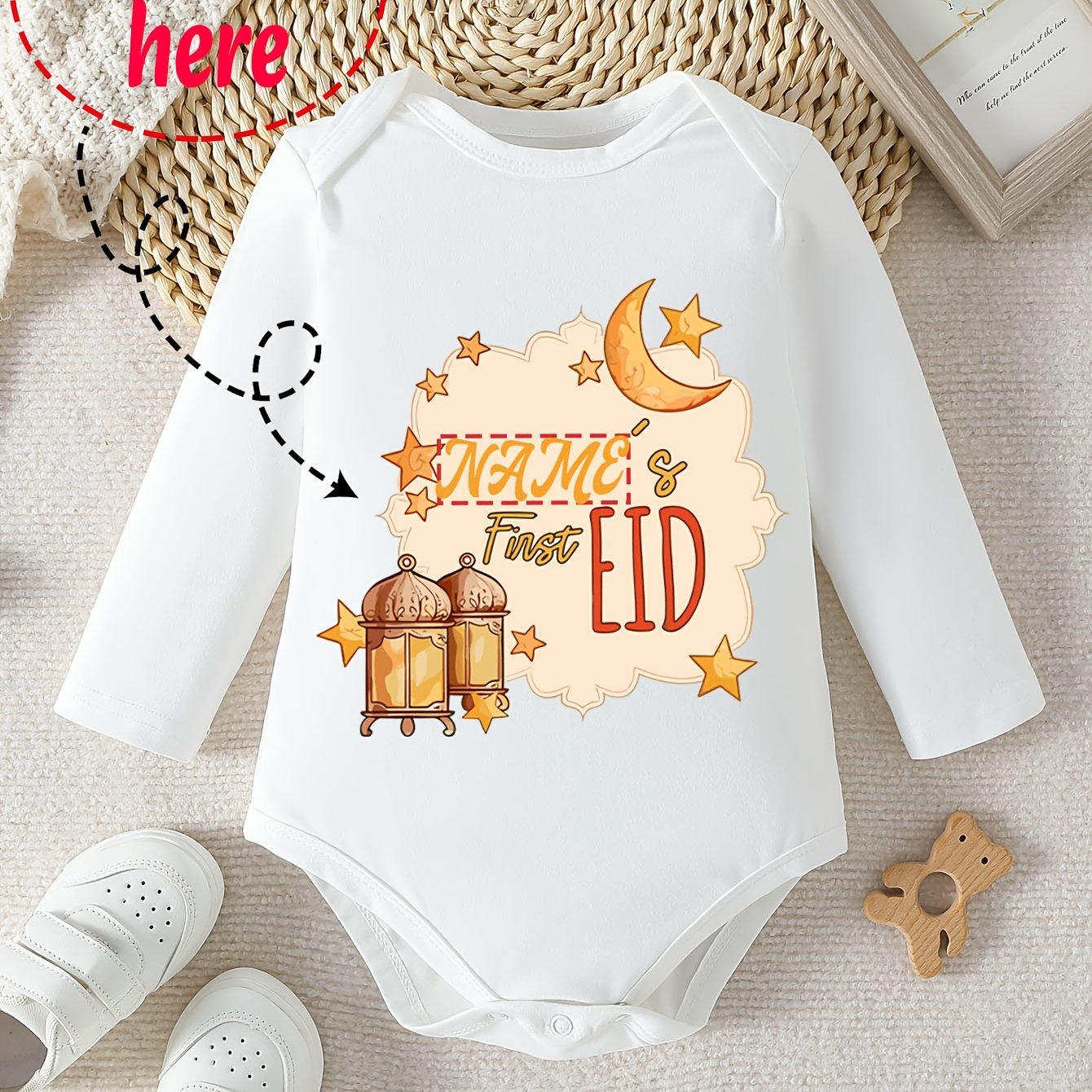 TEMU Custom Logo For Autumn And Winter Long-sleeve Triangle Bodysuit For Baby Girls And Boys With 'night Sky' Print Pattern, Suitable For Ramadan,