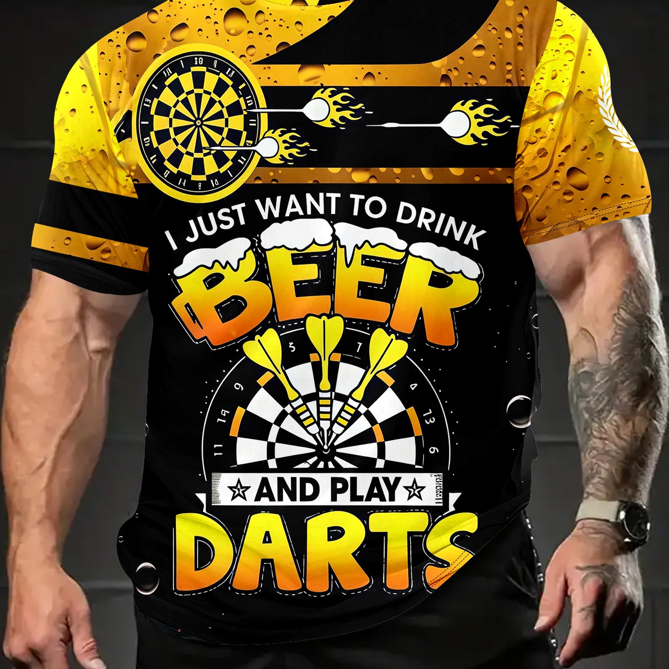 TEMU Summer 3d Printed Men's Round Neck Tee – Beer And Darts Theme, Casual Fashion Outdoor Top For Relaxing Or Workout, Perfect Gift For And Leisure