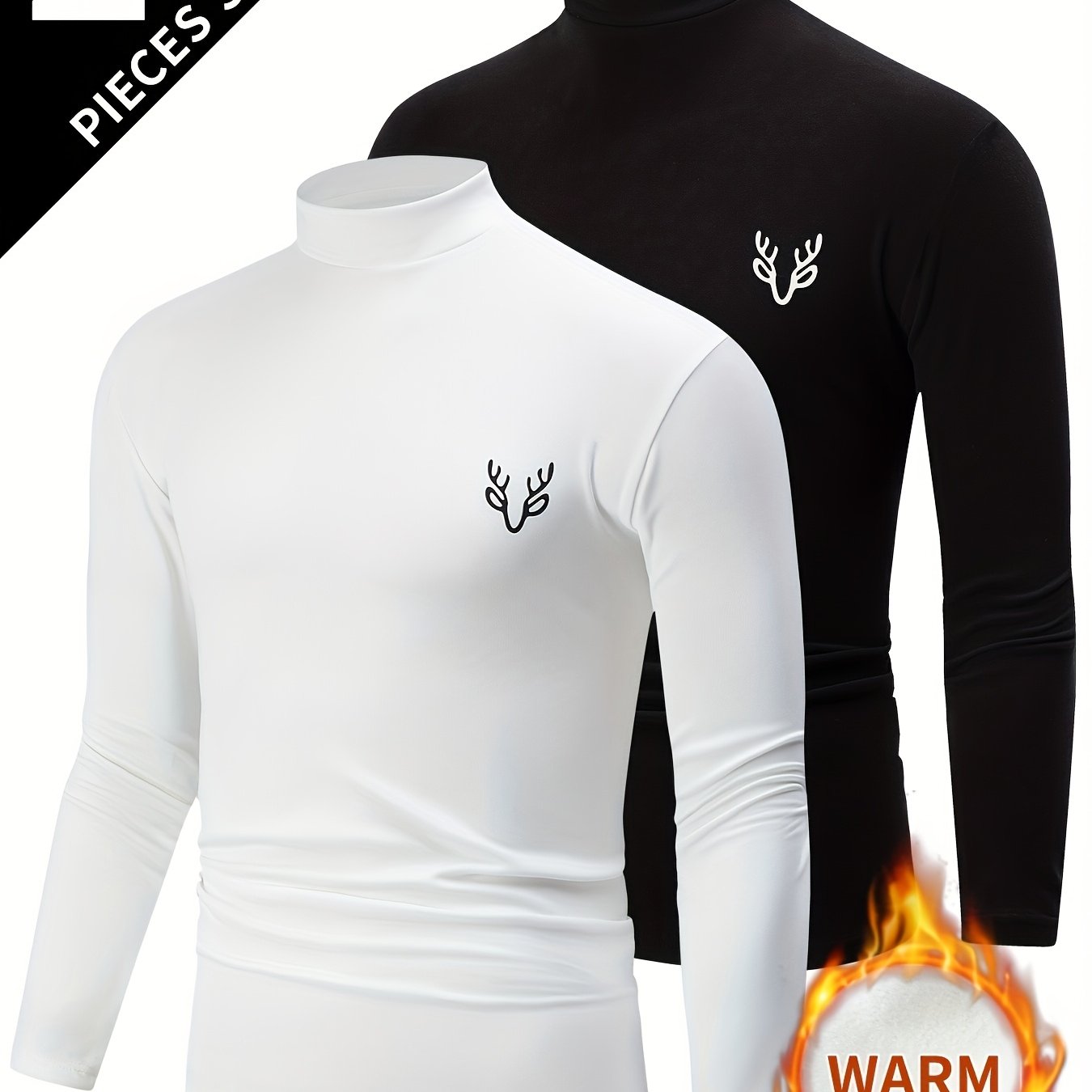 E-shop 2 Stück Herren Thermo Langarmshirts - Slim-Fit Rundhals Winter-Warm-Layer-Shirts, Weiß & Grau/Schwarz mit Hals-Logo-Emblem (Ohne Logo-Druck),