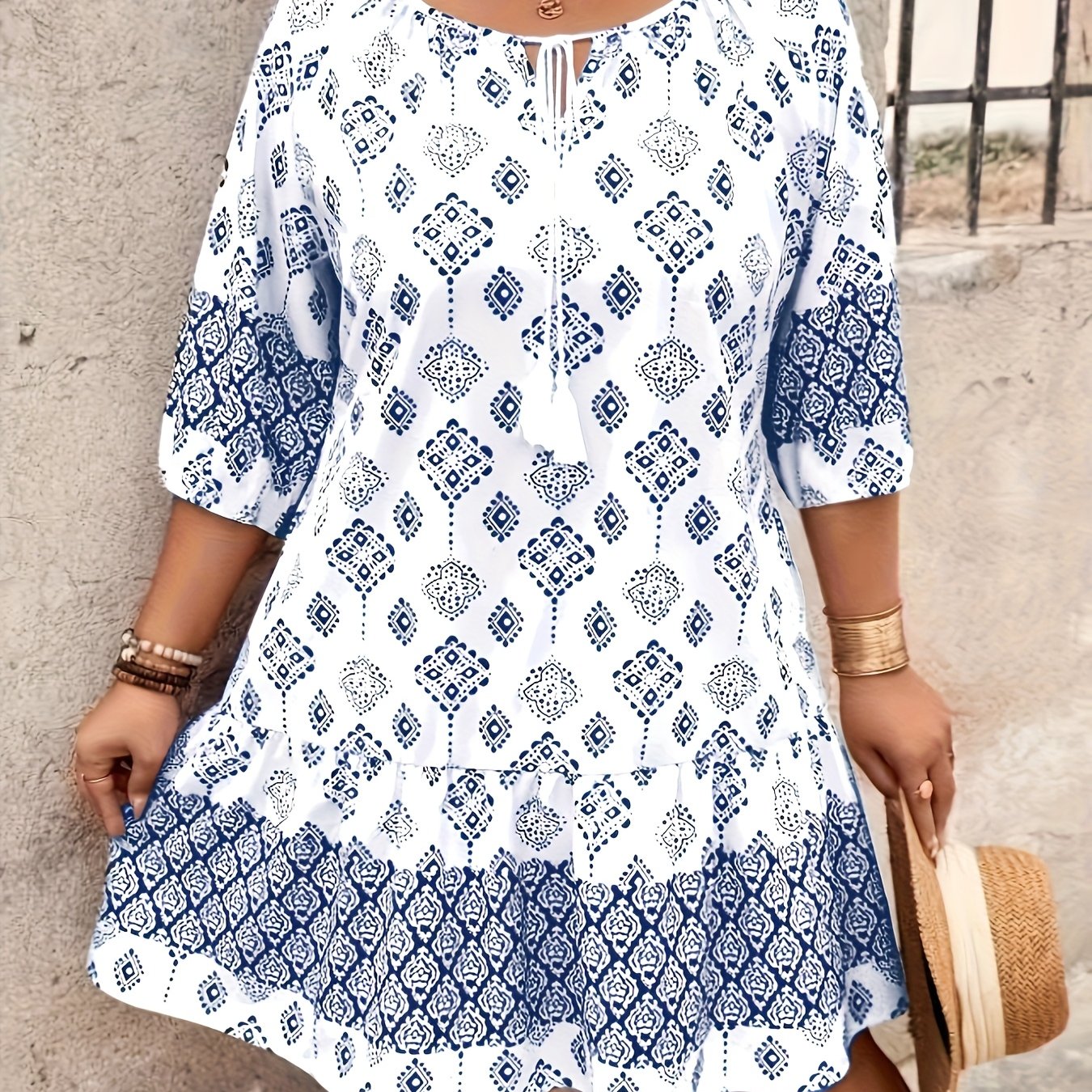 Plus Size, Women's Plus Size Fashion Print Bohemian Style Round Neck Three-quarter Sleeve Ruffle Hem Dress