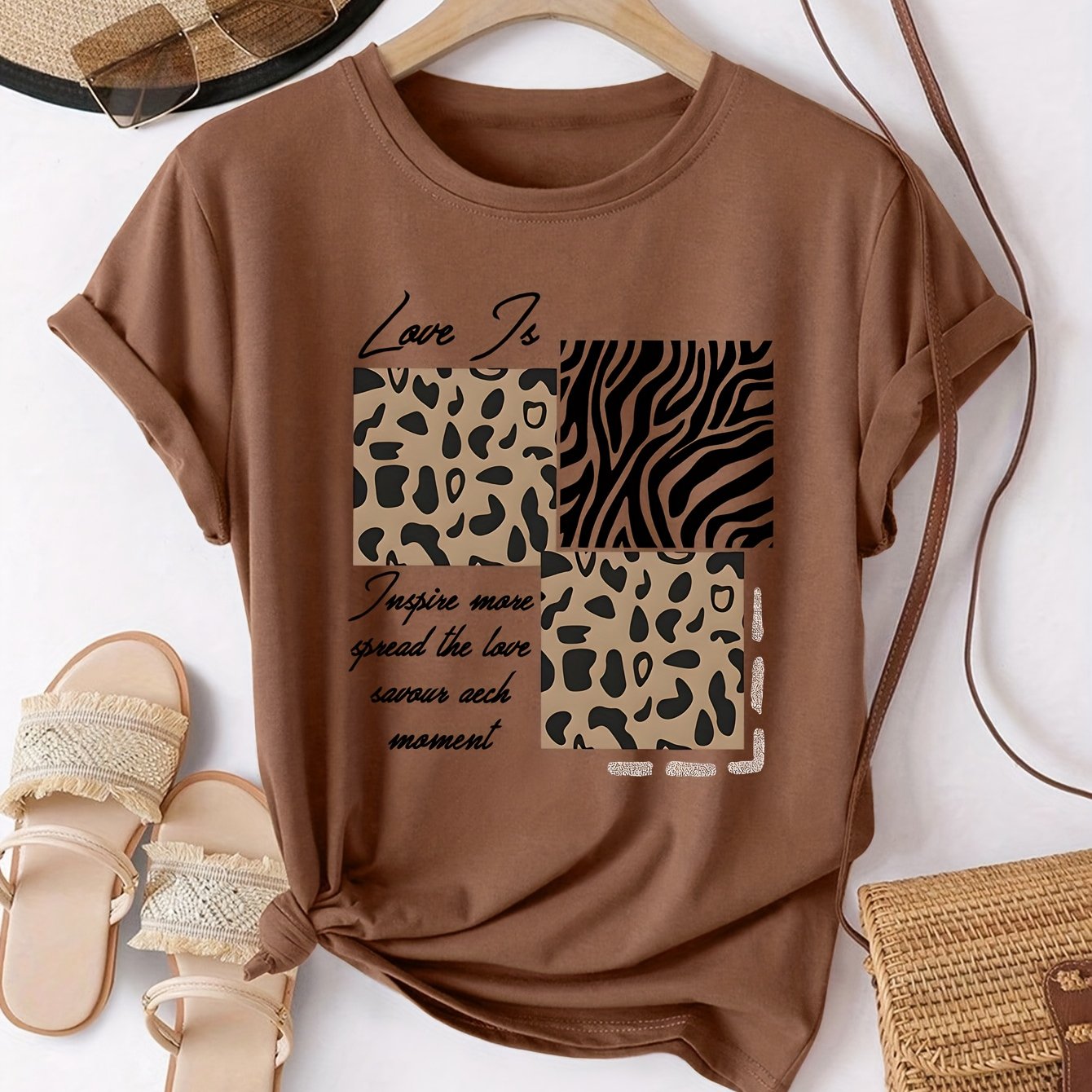 E-shop Leopardmuster Zebra Muster Slogan Print Retro T-Shirt, Kurzarm Rundhals Freizeit Top, Geeignet für Sommer und Frühling, Damenbekleidung, Circle