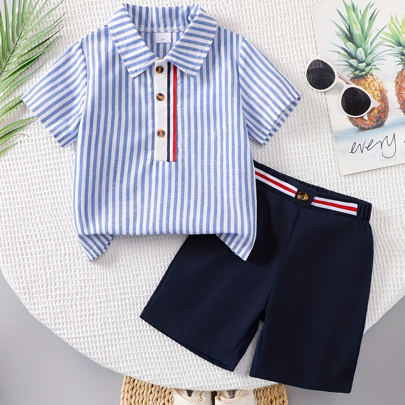 Image of Boys' Woven Intercalated Semi- Collar Shirt, Multicolor Intercalated Decoration, Loose Casual Shorts And Top Set, Suitable For Parties, Outdoor, For Outdoor