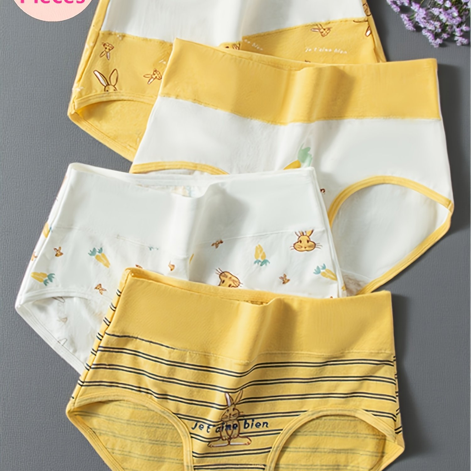 Image of Set Of 4 Women's High-waisted Cartoon Print Underwear, Comfortable, Breathable, And Cute, Ideal For .