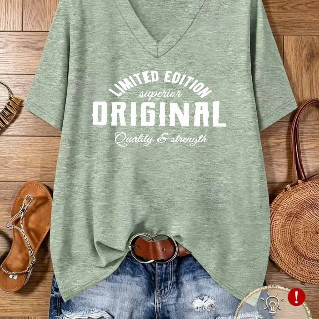 TEMU Summer Plus Size Casual Athletic Women's Clothing, Loose Letter Print V-neck Short Sleeve T-shirt, Skin-friendly Breathable All-match Home