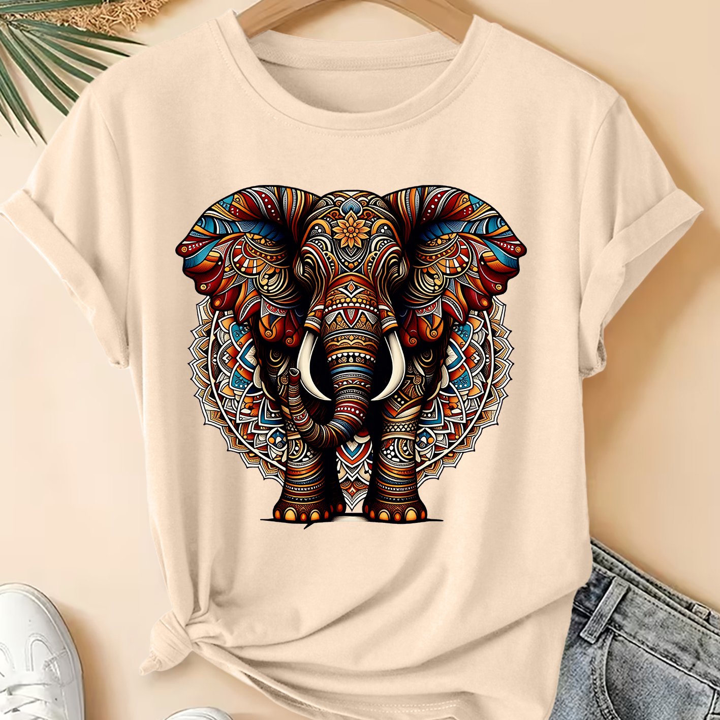 TEMU Women's Plus Size Tribal Elephant Print T-shirt - Short Sleeve Round Neck Blouse Suitable For Commuting, Vacation & Daily Wear - Stretch Fabric