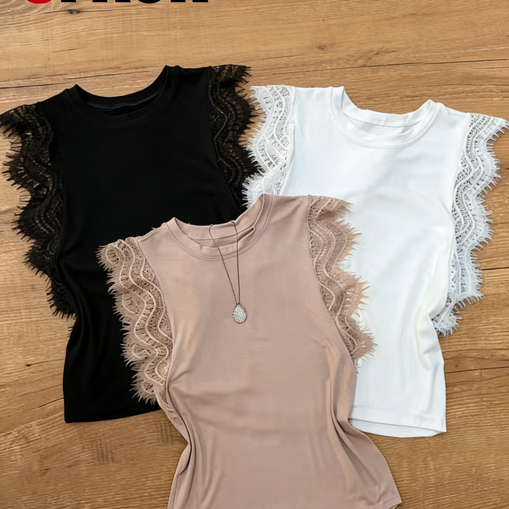 E-shop 3-teiliges Sommer-Mode-Tanktop-Set, Tanktop mit Spitzenbesatz Rundhalsausschnitt, einfarbiges lässiges ärmelloses Oberteil, elegantes Damen- für
