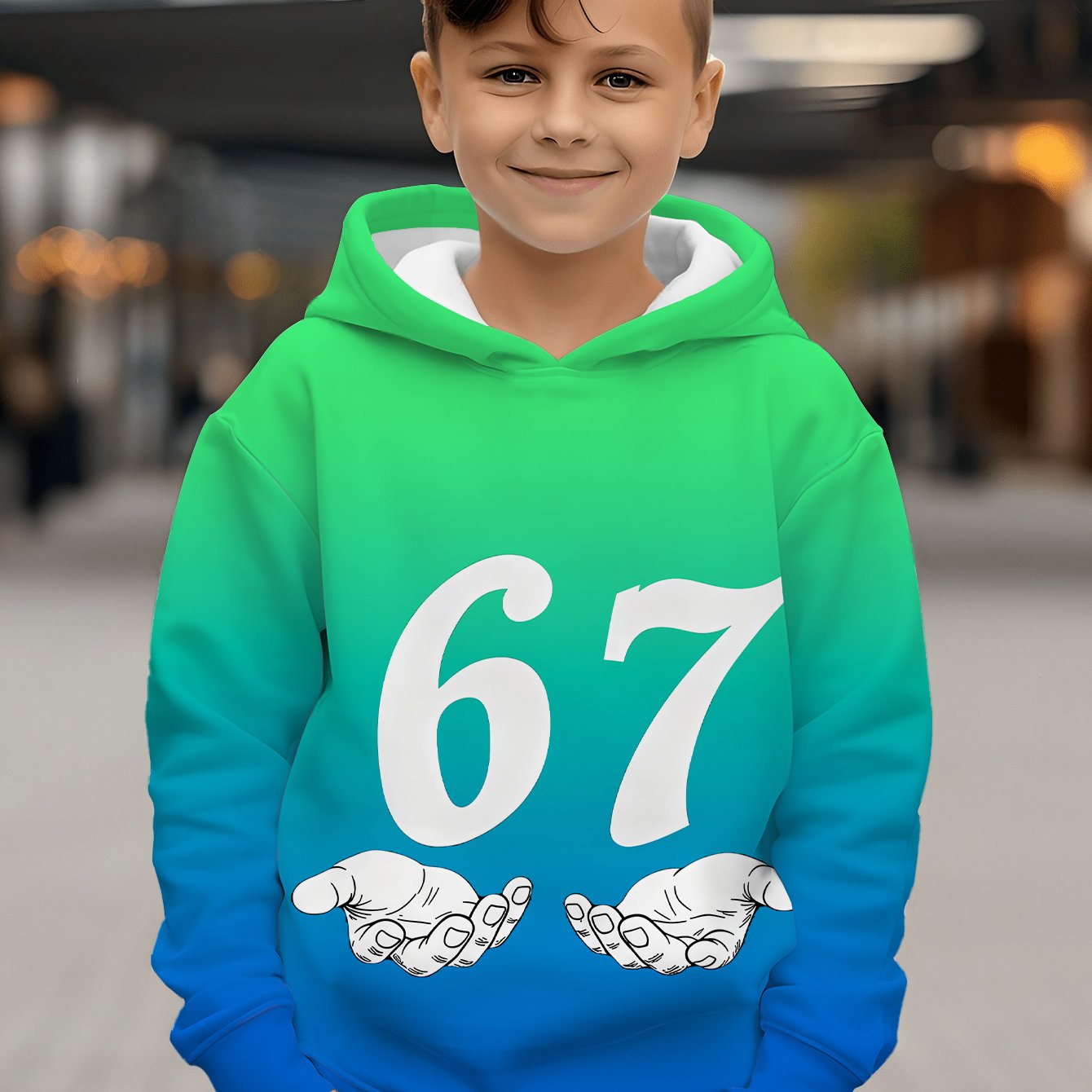 TEMU Boys' Hooded Sweatshirt With Gradient , 'six Kid' 6-7 Numbers And Palm Print, Comfortable And Hooded Sweatshirt, Boys' Fashionable Street Style Top Suitable For Daily Outdoor And Campus Wear