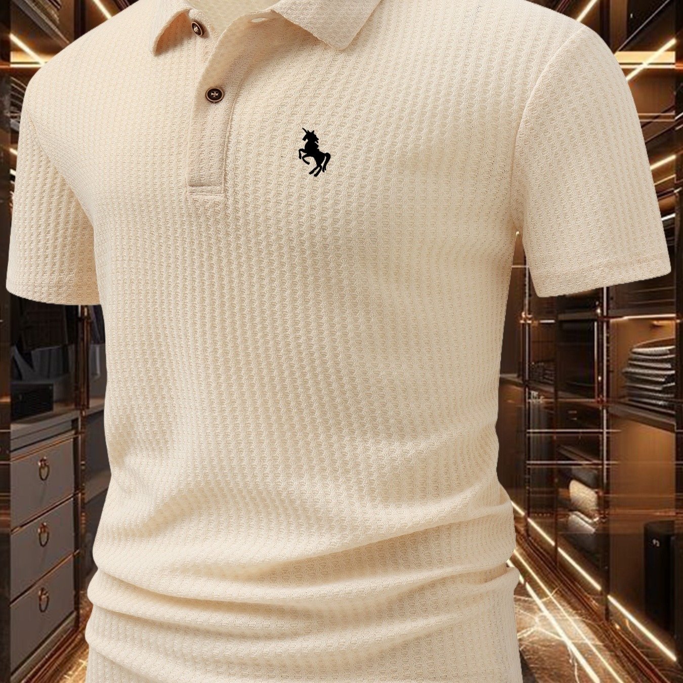 TEMU Fm863 Unicorn Pattern Men's Summer Short-sleeved Shirt Soft Textured Jacquard Lapel Knitted Daily Casual Business Top As A Gift, Short Sleeve,