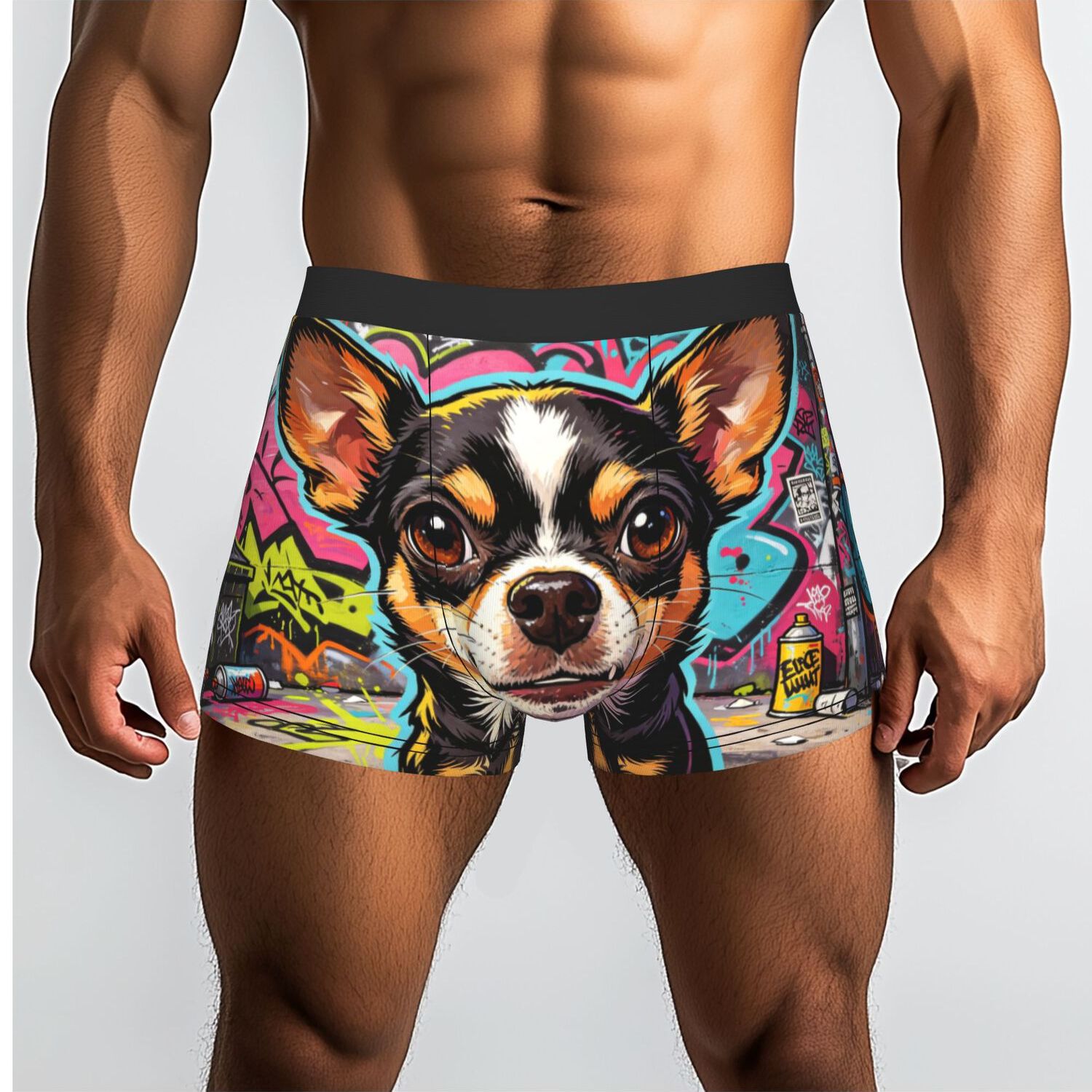 TEMU 1pc Men' Chihuahua Boxer Briefs Underwear - Graffiti Street Art Print With Chihuahua Dog, Non- Boxer Shorts Suitable For Casual Wear & Themed