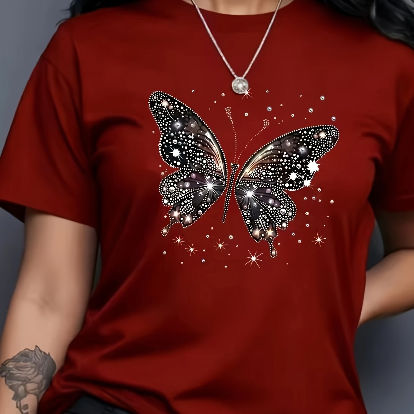 TEMU T-shirt de sport à col rond pour femme, européen et américain, avec imprimé papillon pailleté pour la Saint-Valentin latino-américaine, T-shirt