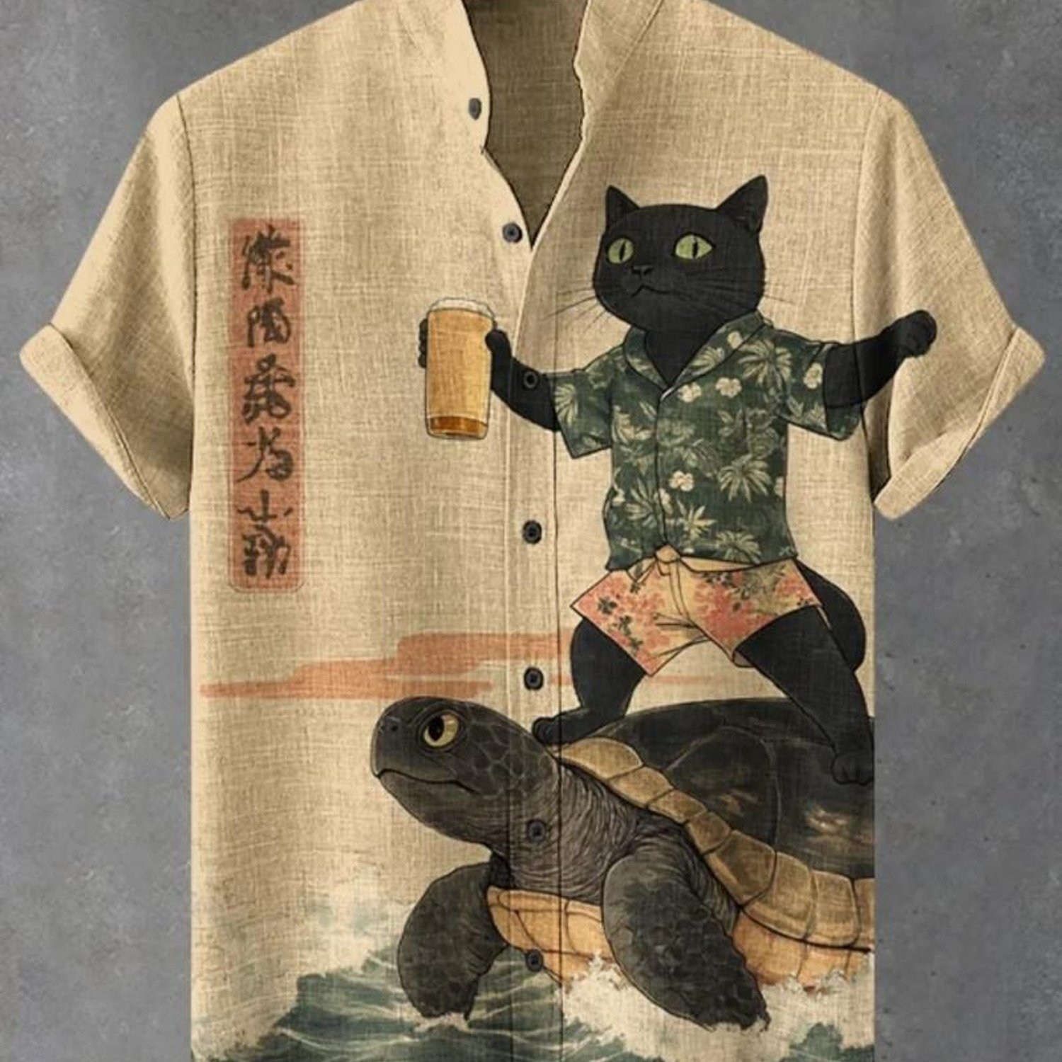 TEMU Men's Button- Collar Short-sleeved Shirt, Mixed Color, Multiple Specifications , With Black Cat & Sea Turtle Print, -like Fabric, Casual