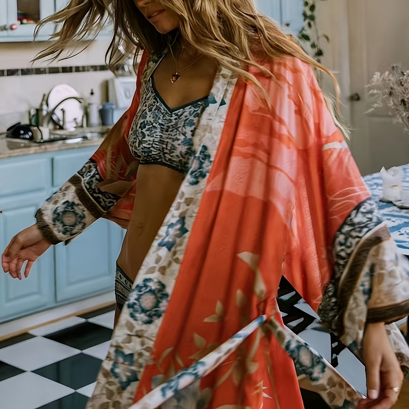 Women's Crane Print Beach Vacation Casual Plus Size Kimono