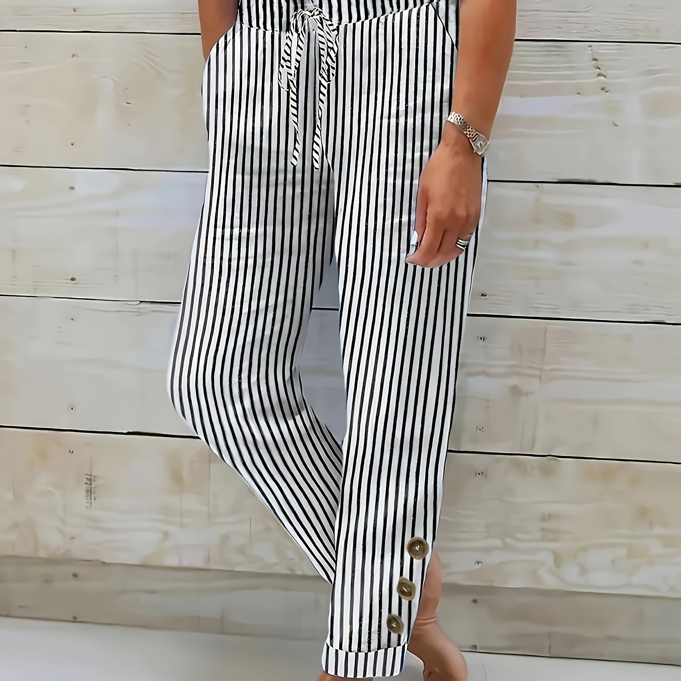 Lightweight Design, Women's Casual Striped Cropped Pants With Button Detail And Slant Pockets - Lightweight Polyester, Machine Washable, , Comfortable Clothing|button Detail Pants|glossy Texture
