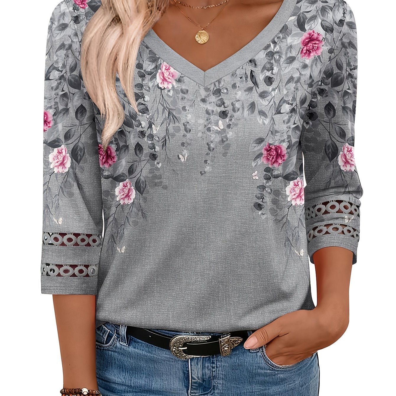 E-shop Damen Elegantes Bequemes 3/4-Ärmel Top, Modisches Basic Shirt, Lockerer Casual V-Ausschnitt Spitze Kombiniert Drei-Viertel-Ärmel T-Shirt