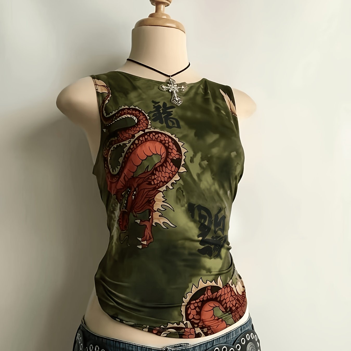 TEMU Y2K Style Épiceur Femme Motif Dragon Col Rond Gilet Manches Haut Fines Printemps, Été Et Automne Américain Street Vêtement de Base Polyvalent