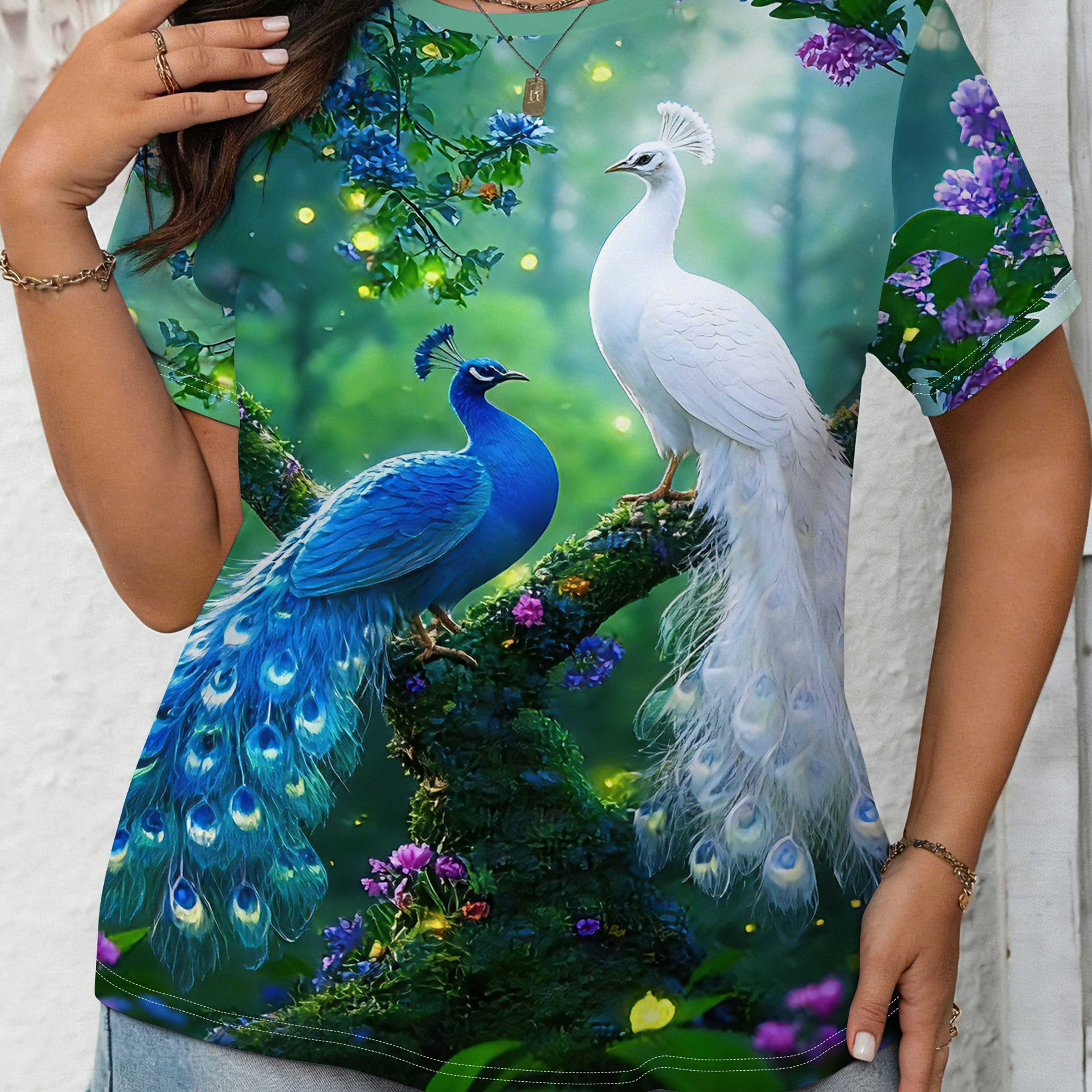 TEMU A Large Size Women' Blue And Print Short-sleeve T-shirt With Print, Round Neck, And . The Fabric Is Soft And Comfortable, Machine Washable,