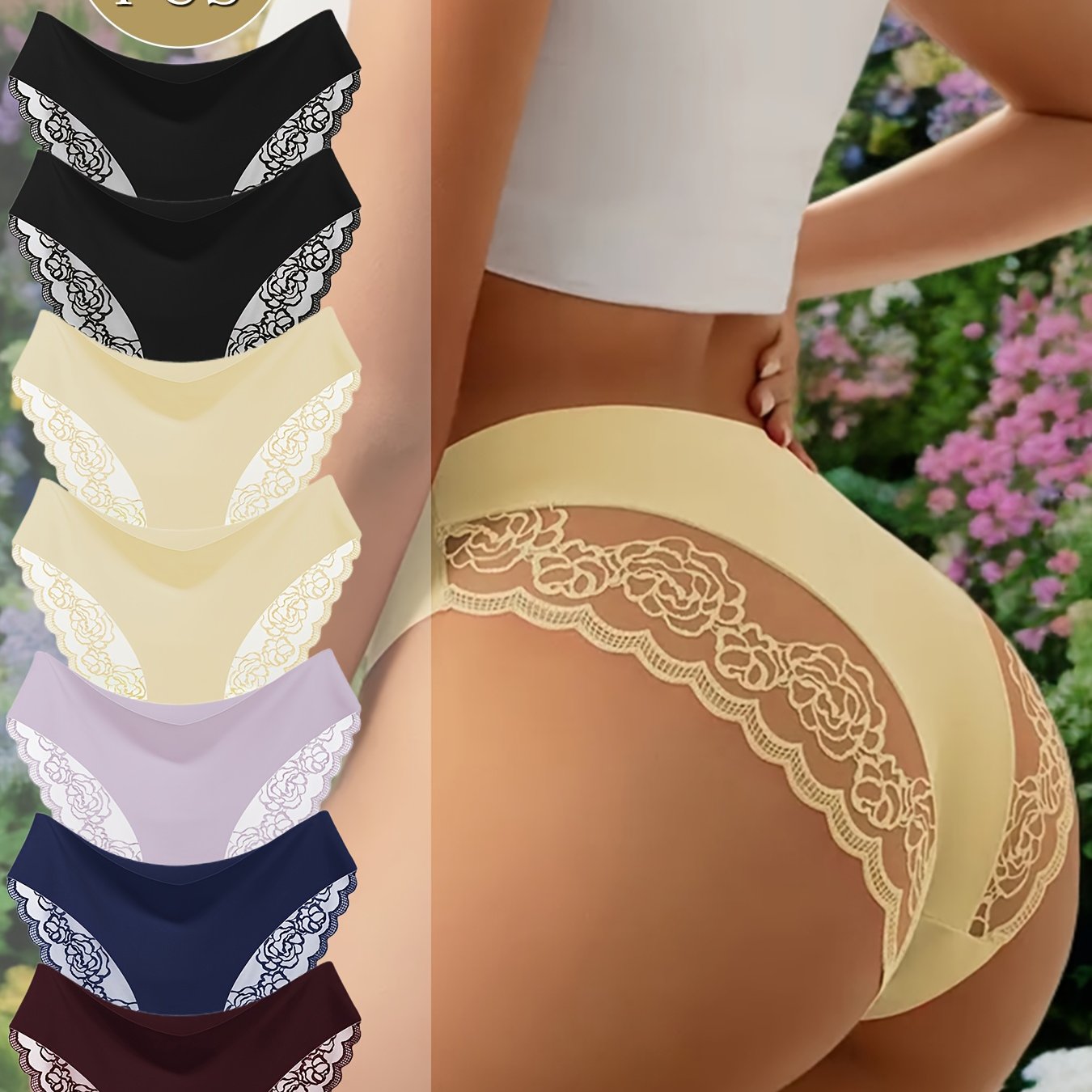 Image of 7pcs Elegant Women's Panties, Stretchy Breathable Briefs, Seamless Lace Trim Underwear For Women
