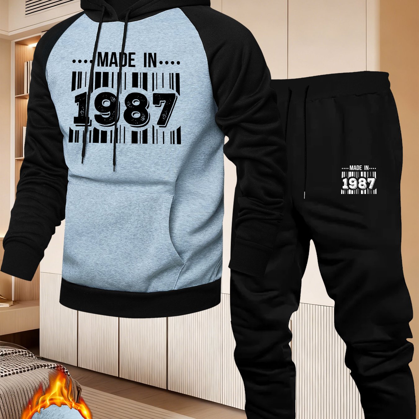 TEMU Men's Casual Sports Raglan Sleeve, 1987 Retro Barcode Pattern Two-piece Set, Color- Sweatshirt, Stylish And Versatile Casual Hoodie Outfit