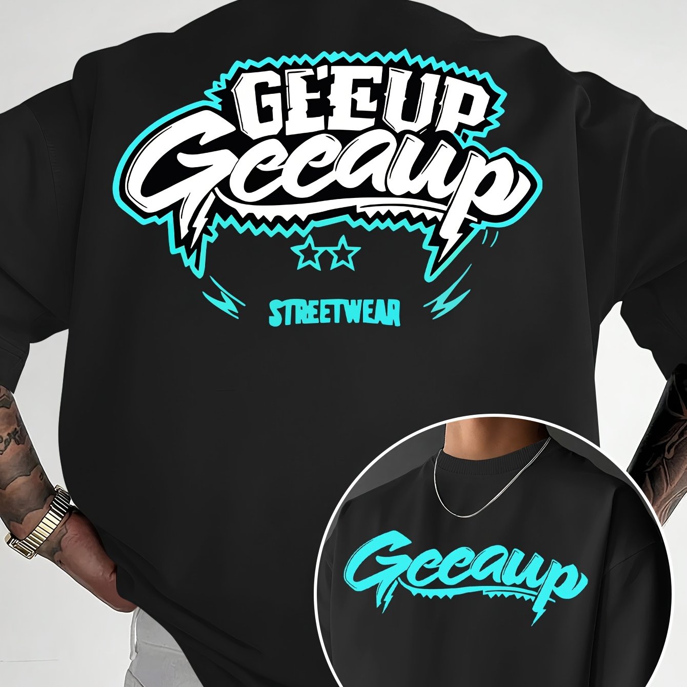 TEMU Men's Neon Fluorescent Greer Contrast Letter T-shirt - Short Sleeve Round Neck Streetwear Top With Fluorescent Suitable For Summer, Soft